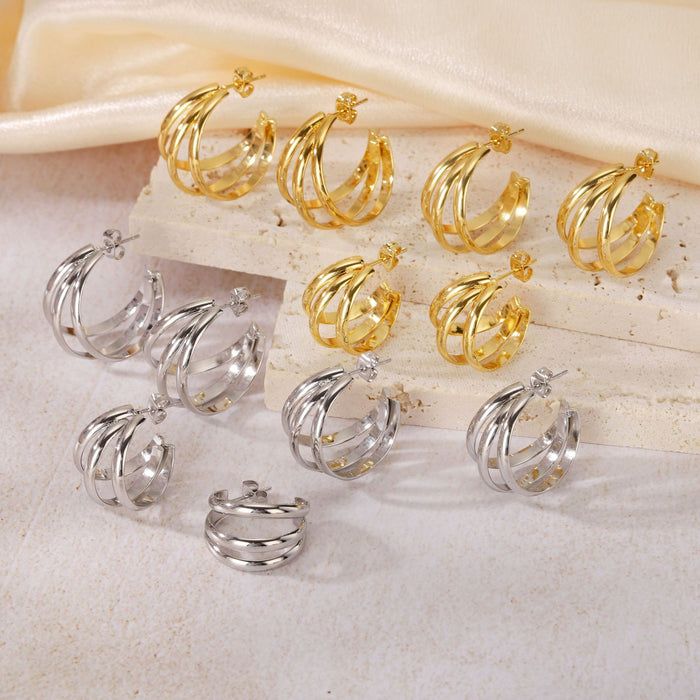 Wholesale Geometric Titanium Steel Three-Line Dense Earrings