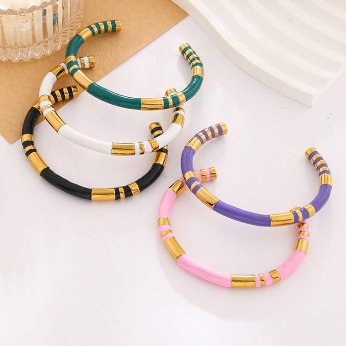 Wholesale Vintage bamboo-shaped C-shaped enamel bracelet for women,  gold plated.