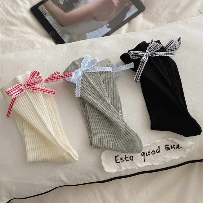 Wholesale Checkered bow, stacked socks, mid tube socks