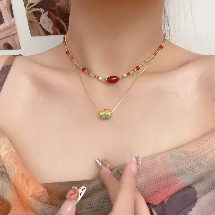 Wholesale Red agate bead necklace, vintage exquisite sweater chain, niche light luxury necklace