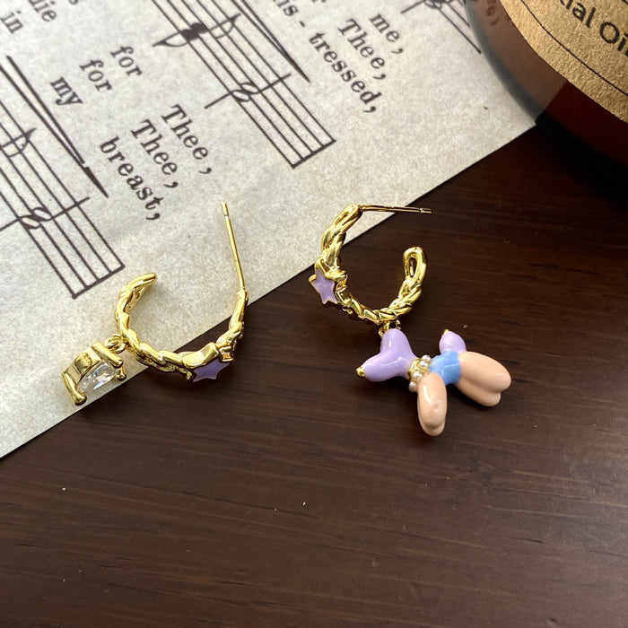 Wholesale Cute Drip Oil Balloon Dog Earrings, Small and Asymmetric Design, Love Zircon Star Earrings, Ear Accessories