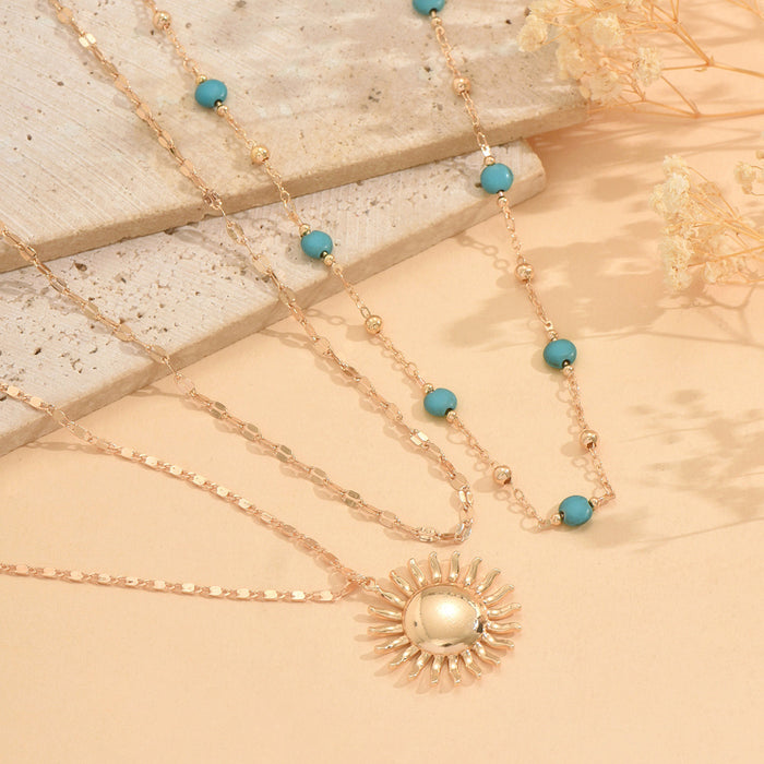 Wholesale Multi-layered gold sun pendant necklace