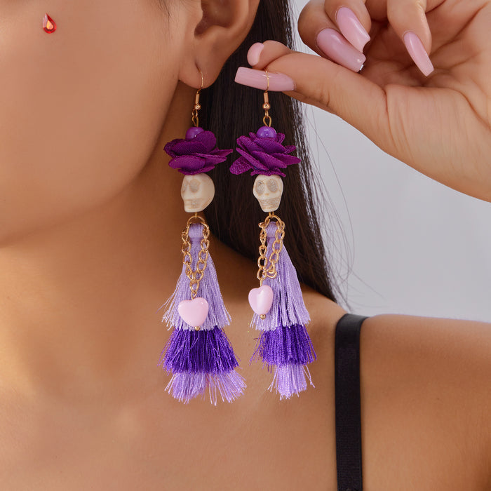 Wholesale  retro earrings for women hip-hop punk style skull funny skeleton colorful mesh ear hooks