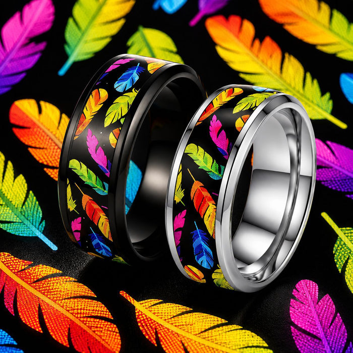 Wholesale Rainbow Feather Stainless Steel Ring Fashion Jewelry Accessory