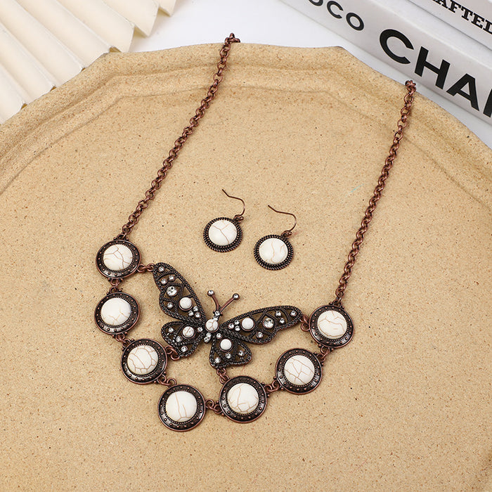 Wholesale Bohemian Turquoise Butterfly Necklace and Earring Set Metal Alloy Jewelry