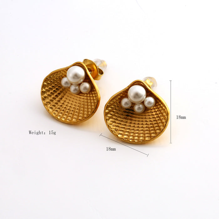 Wholesale Fashionable stainless steel pearl ring earring set with high-end temperament and shell earrings ring