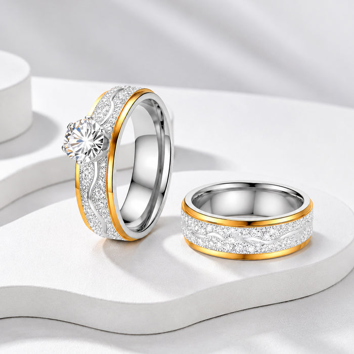 Wholesale Stainless Steel Two Tone Diamond Ring Set Matte Finish