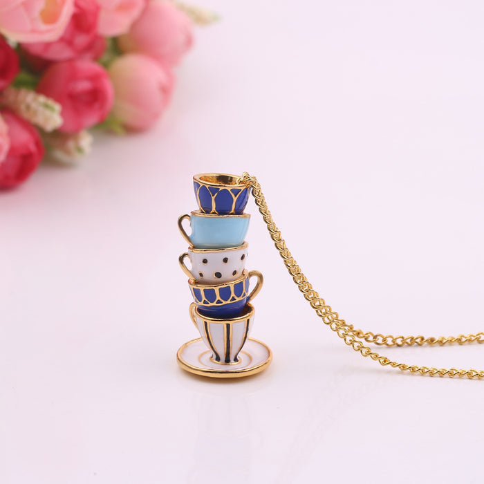 Wholesale Enamel glazed teacup earrings and long sweater chain