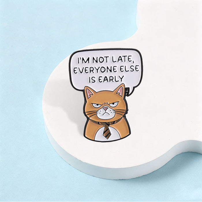 Wholesale Trendy Orange Cat Brooch I AM Not Late Office Tie Pin Gift