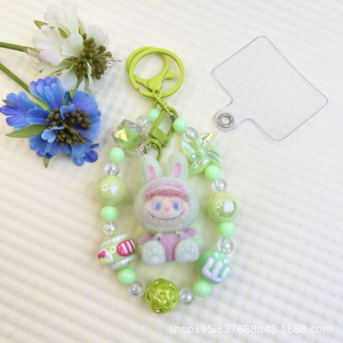 Wholesale Flocked kitten fun girly colorful beaded mobile phone chain keychain bag doll pendant accessories