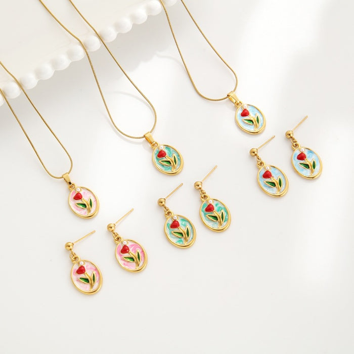 Wholesale Oil Painting Flower Pendant Earrings Necklace Set Versatile Stainless Steel Oil Dripping Double Layer Clavicle Chain
