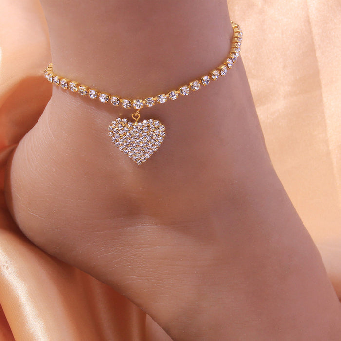 Wholesale  Full Diamond Love Anklet Personalized All-match  Diamond Heart-shaped Anklet  Beach Jewelry