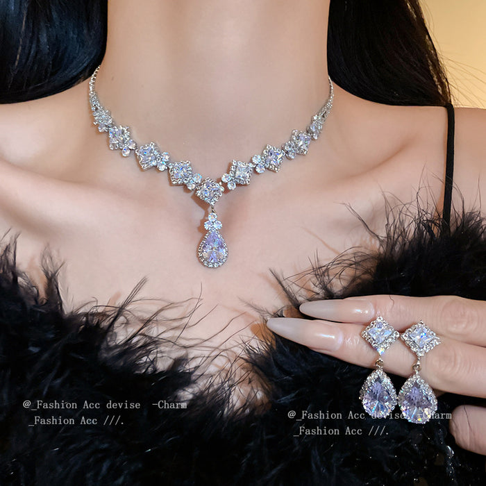 Wholesale Zircon Diamond Drop Earrings Necklace suit  Banquet Elegant Clavicle Chain Bridal Jewelry