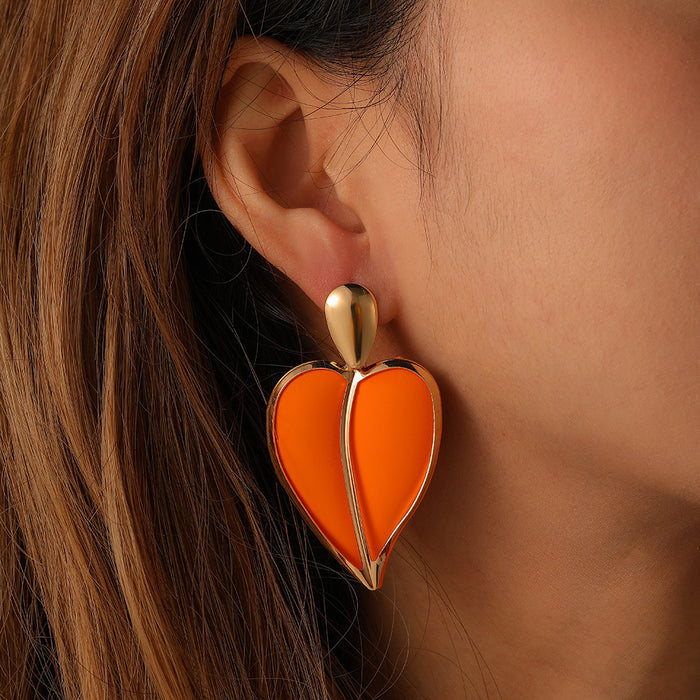 Wholesale New fashionable and versatile design, colorful spray painted heart-shaped water droplet double-layer earrings