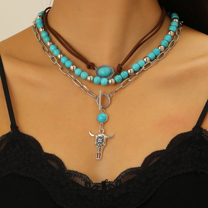Wholesale Bohemian Ethnic Style Zinc Alloy Jewelry Set Cow Head Design Necklace and Bracelet