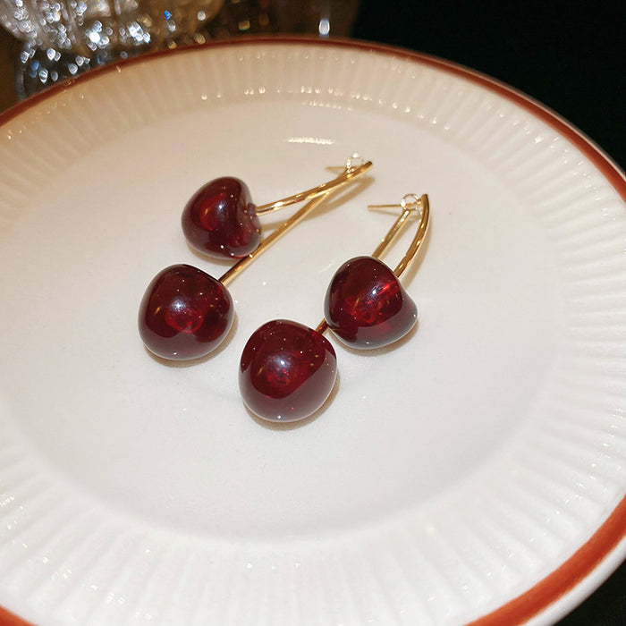 Wholesale dark red resin cherry fruit silver pin earrings high-end earrings women