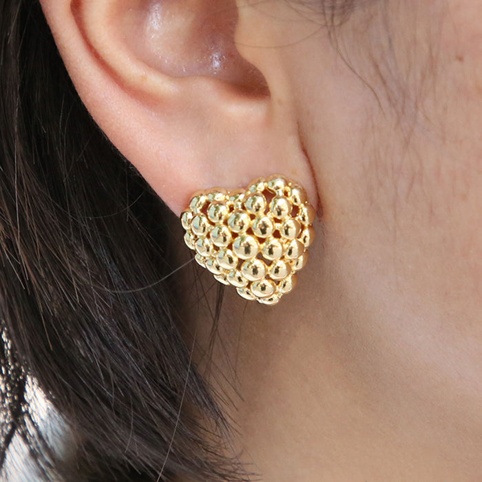 Wholesale 2PCS 18K Gold Brass Beads Grid Polished Heart Earrings JDC-ES-BaiYi026