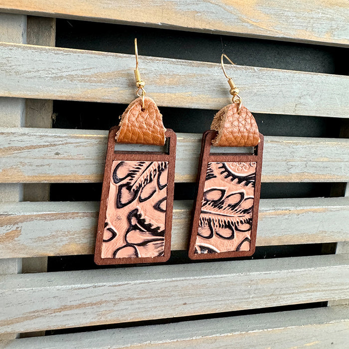 Wholesale Western genuine leather earrings Cow brand geometric hollow inlaid leopard print classic exaggerated earrings