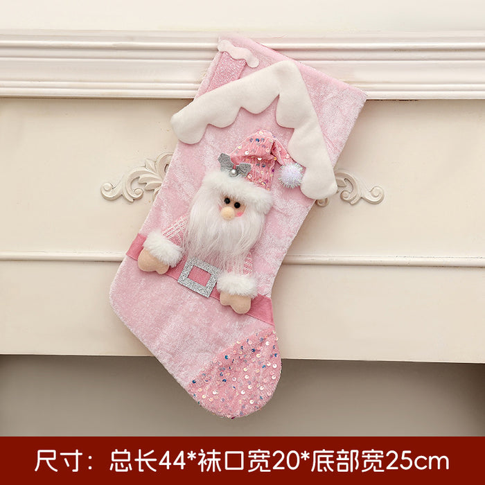 Wholesale Christmas Socks Children' s Gift Bag Pink Cartoon Roof Old Man Candy Gift Decoration Supplies Christmas Tree
