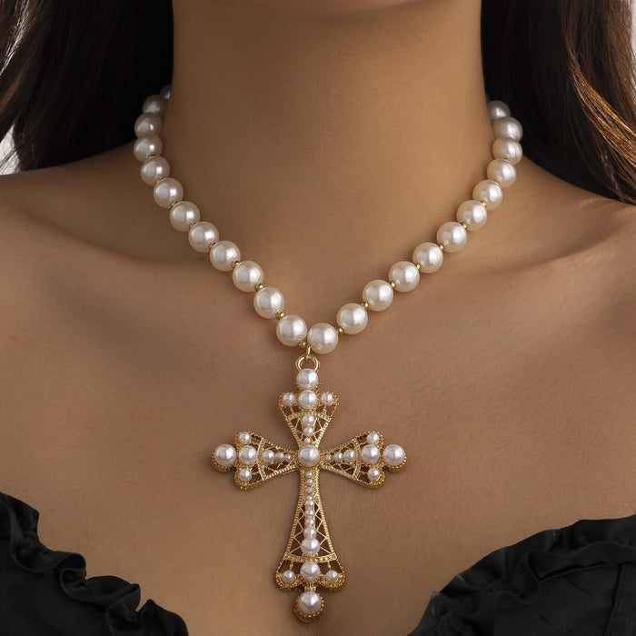 Wholesale Fashion multi-layer imitation pearl cross collar, geometric alloy collarbone chain for accessories