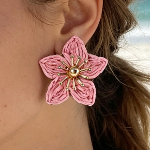 Wholesale Vacation Style Handmade Raffia Flower Earrings Red Jewelry Accessory MOQ≥5