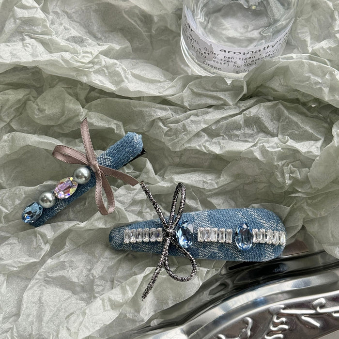 Wholesale Light luxury zircon bow, one-piece denim, high-end feel, broken hair clip, side bangs, hair accessories