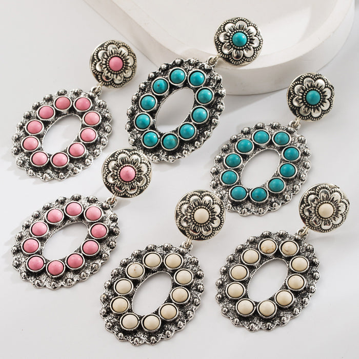 Wholesale Vintage heavy-duty openwork floral turquoise Statement Earrings