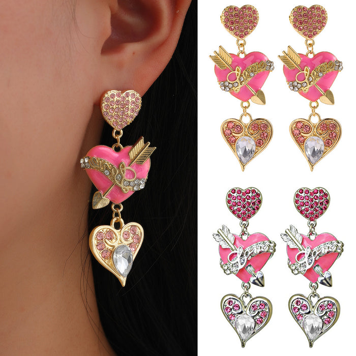 Wholesale Earrings Alloy Enamel Diamonds Pink Heart MOQ≥2 JDC-ES-JUYAO003