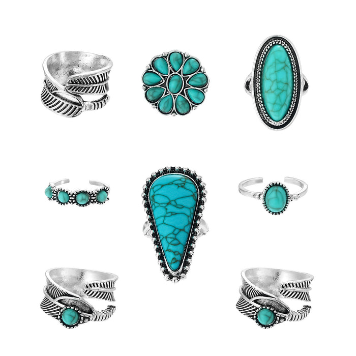 Wholesale New personalized combination hand jewelry retro feather turquoise opening 8-piece set ring