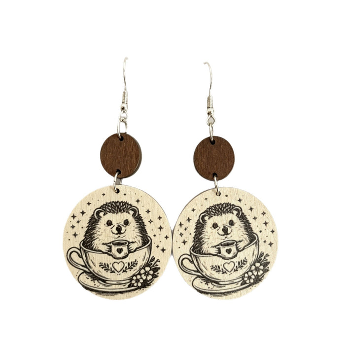 Wholesale Wood Hedgehog Print Drop Earrings Retro Star Pattern Fashion Accessory