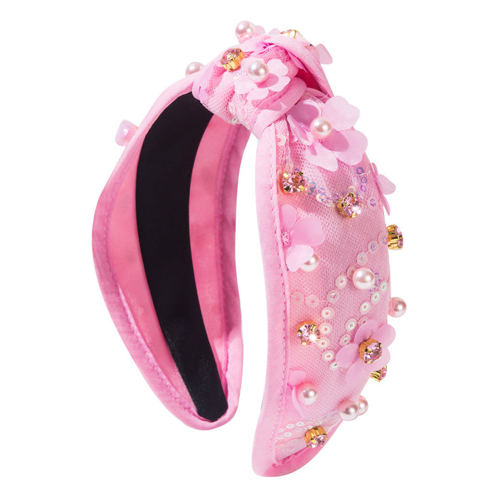 Wholesale Valentine' s Day Fabric Pearl Rhinestone Sequin Flower Headband