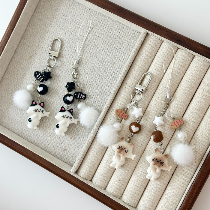 Wholesale Cartoon Loved Cat Keychain Love Hair Ball Beaded Mobile Phone Chain Backpack Hanging