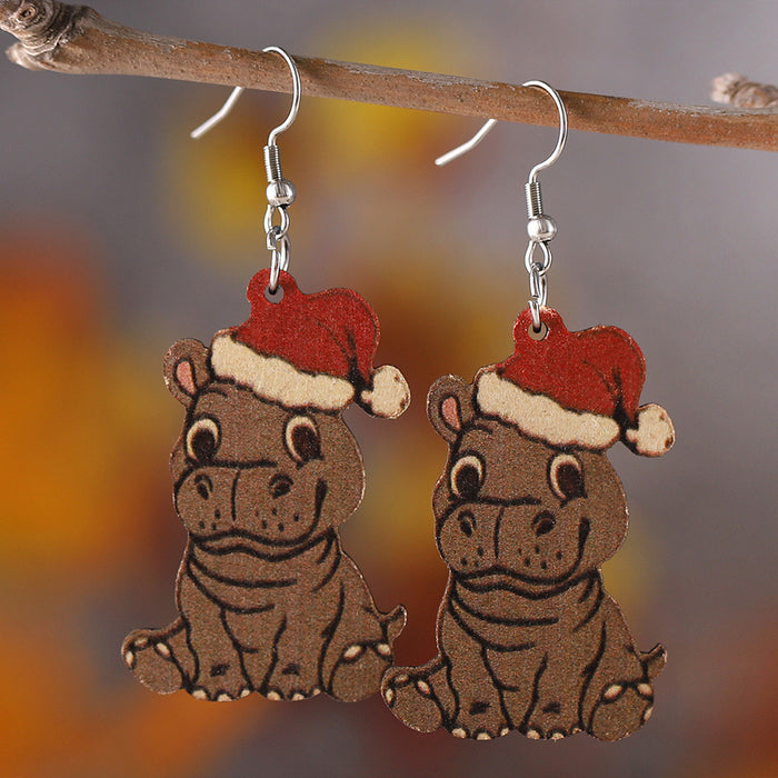 Wholesale Christmas Western Style Christmas Hat Alpine Cow Pendant Earrings Wooden Double-Sided Earrings Christmas Ornaments