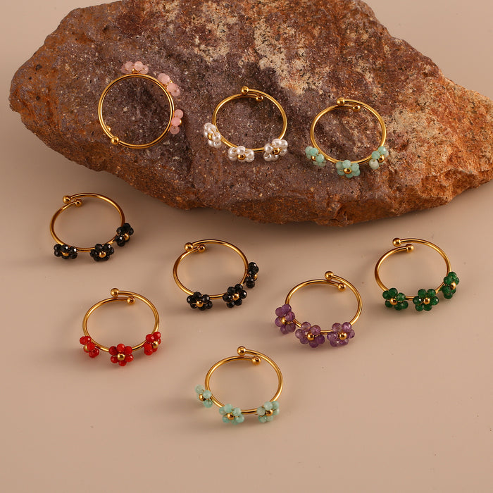 Wholesale Fashionable and minimalist stainless steel natural stone flower ring with niche design and three flower opening ring wholesale