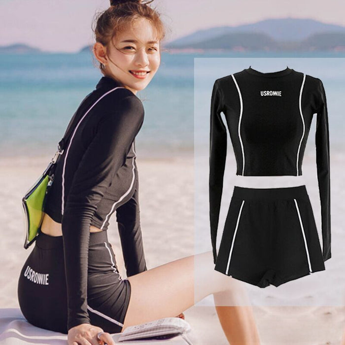 Wholesale High waist split long sleeved small flat corner conservative two-piece sunscreen swimsuit