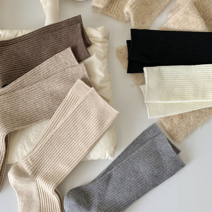 Wholesale Woolen socks in autumn and winter, solid color, vertical stripes, woolen midsole socks, thick and warm, stacked long socks