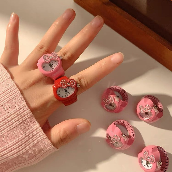 Wholesale Cute bow, rhinestone, clock, watch, ring, women's niche design, fashionable and versatile ring, watch