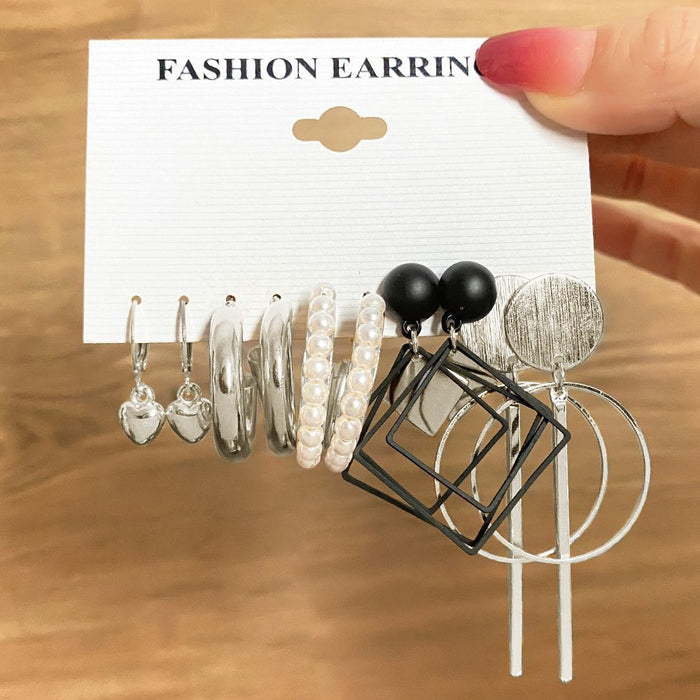 Wholesale 6-piece geometric pearl and diamond statement earring set