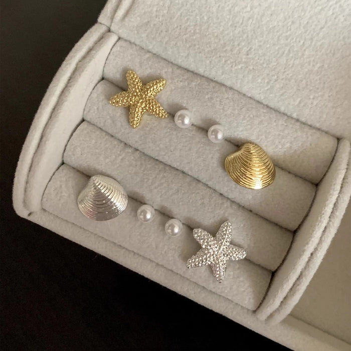 Wholesale S925 Anti-Silver Starfish Shell Pearl Earrings Women's Four-Piece Set