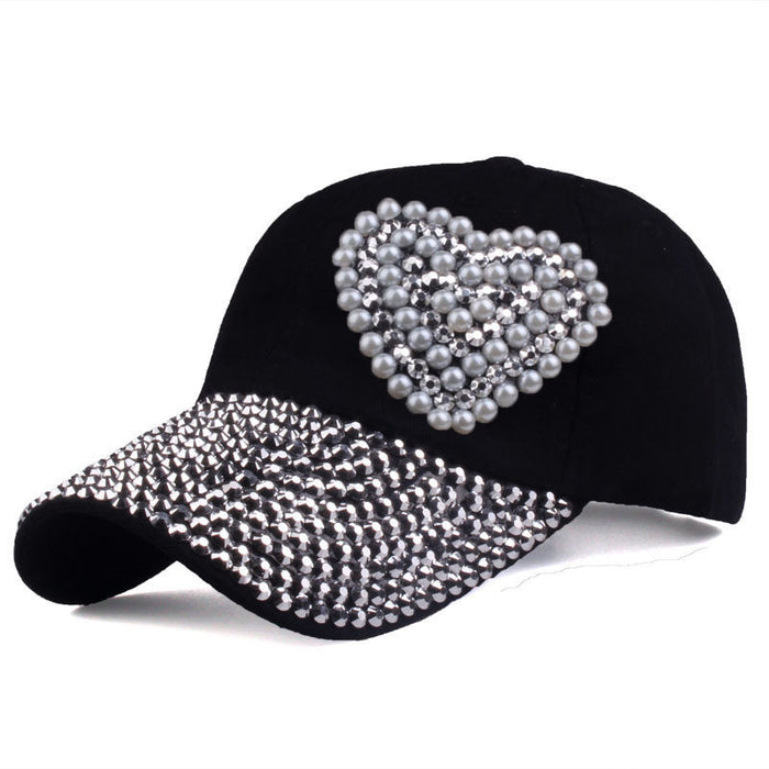 Wholesale Full-brimmed rhinestone baseball cap with heart-shaped rhinestone pattern
