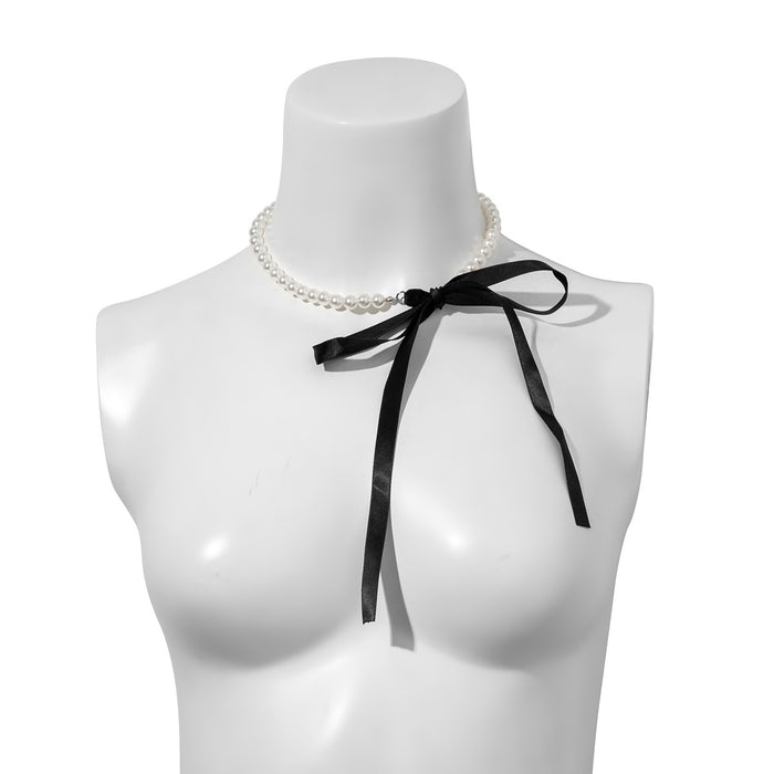 Wholesale Bowknot Clavicle Chain Necklace DIY Tie up Velvet Pearl Necklace