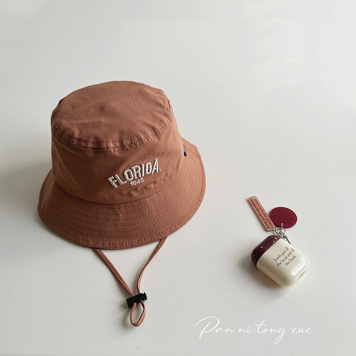 Wholesale Children's big brimmed hat with personalized Western style letters, windproof fisherman hat, sunshade basin hat