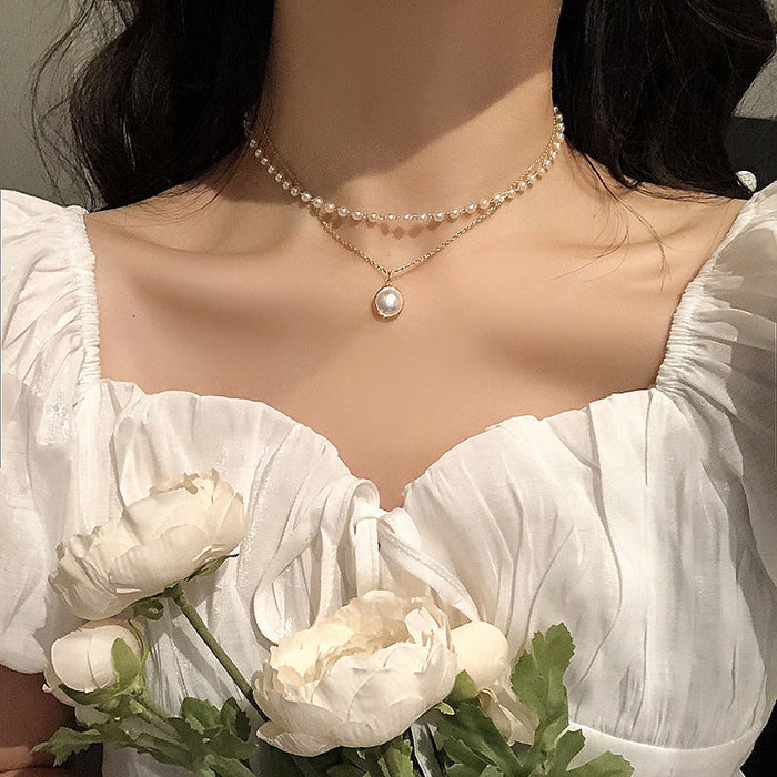 Wholesale Fashionable and minimalist necklace with personalized and niche design, double layered necklace with pearl collarbone chain