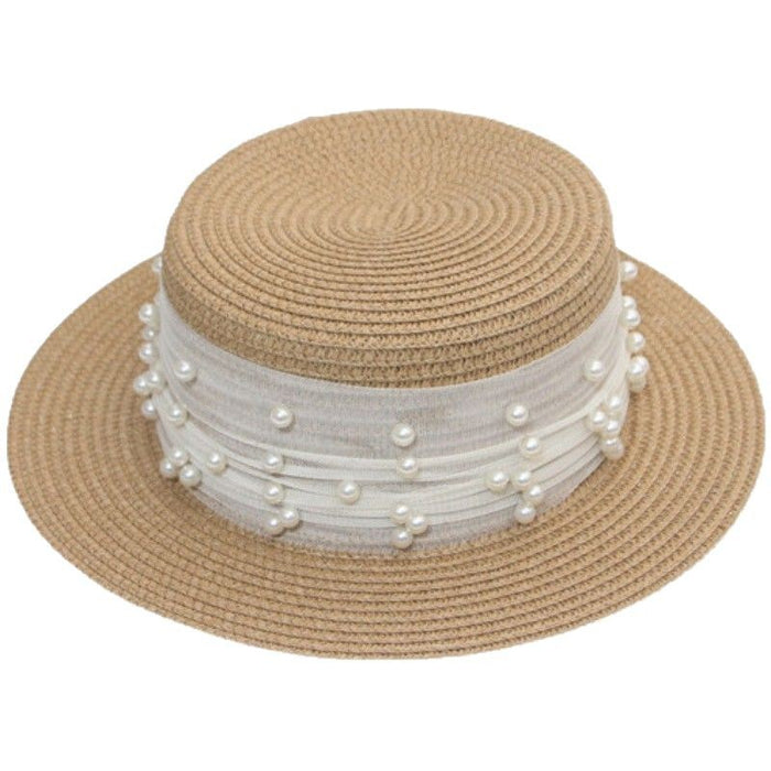 Wholesale Hat Women's Small Fresh Flat-top Straw Hat Pearl Bow Straw Sun Hat Beach Cool Hat