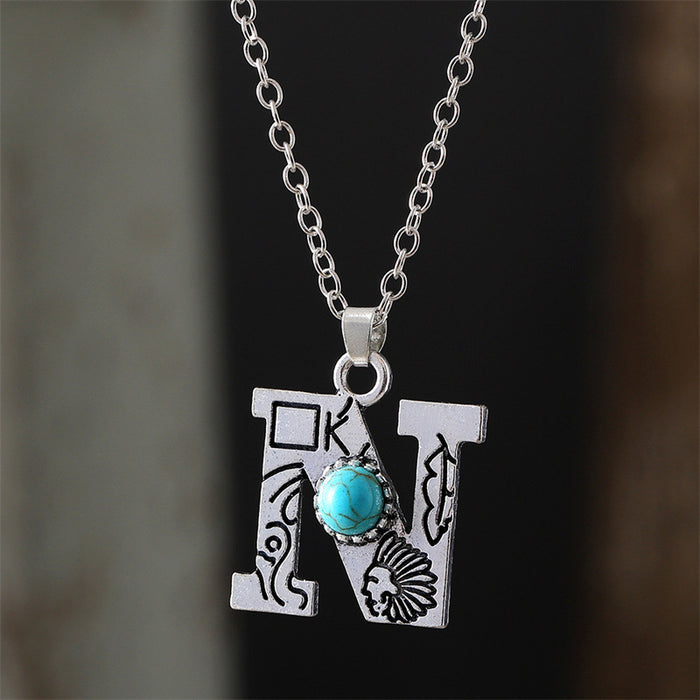 Wholesale 2pcs Retro 26 English Letter Turquoise Necklace