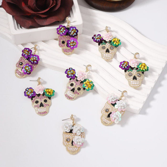 Wholesale Halloween Zinc Alloy Inlaid Zircon with Sequins Flower Skull Earrings JDC-ES-YueLi020