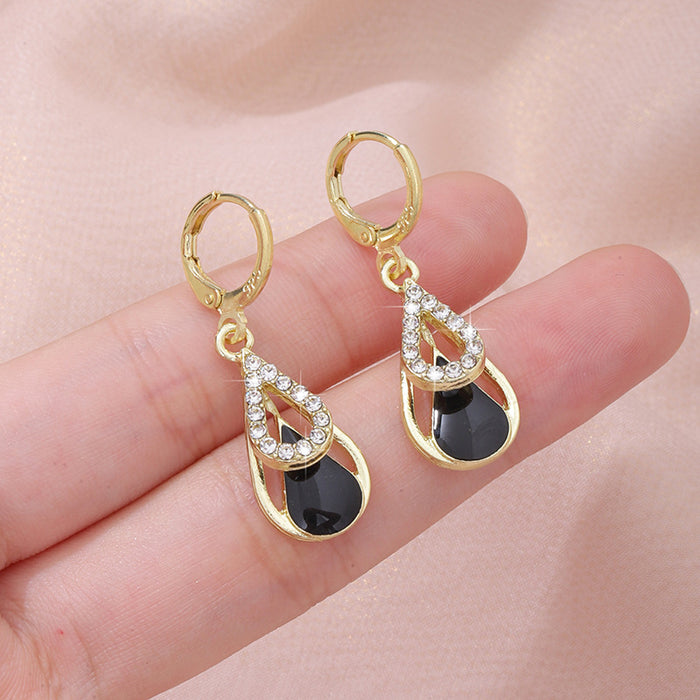 Wholesale High-grade Diamond-encrusted Water Drops Black Hollow Double-layer Earrings Women's