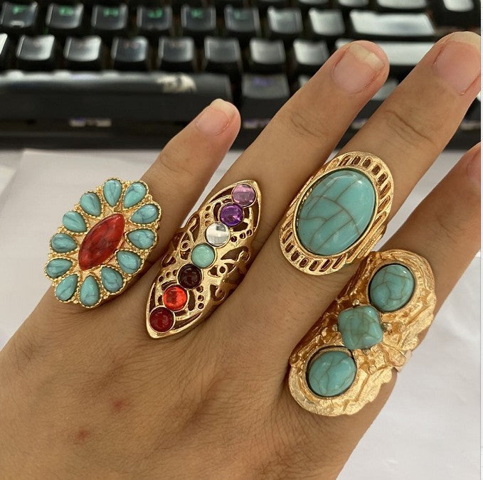 Wholesale Ethnic Style Retro Turquoise Carved Feather Ring Fashionable and Personalized 8-Piece Combination Ring Set