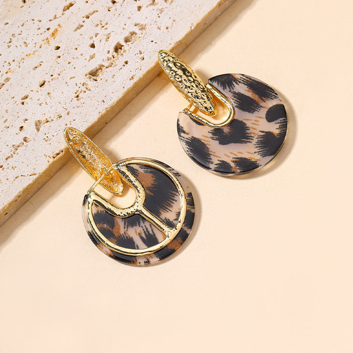 Wholesale Alloy round Disc Earrings Leopard Print Gold Plated S925 Silver Needle Drop
