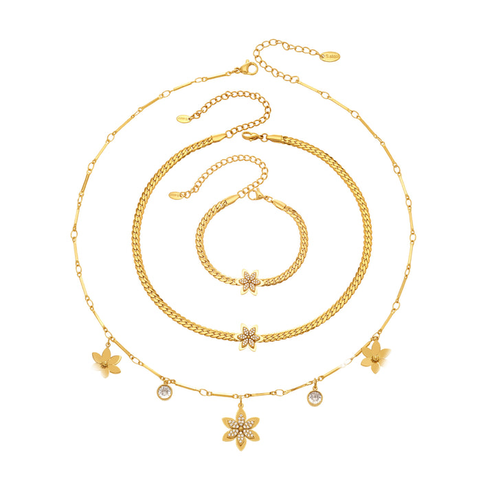Wholesale 3D Stainless Steel Flower Bracelet &  Layering Necklace Set
